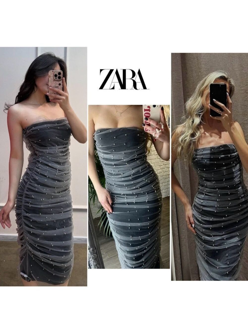 Zara gray strapless gathered draped ruched mesh tulle pearl embellished dress L